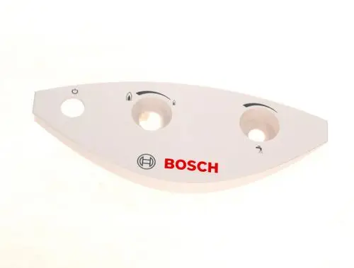 Weißes Bedienfeld von Bosch mit mehreren Bedienelementen und Symbolen. Es verfügt über Tasten für die Funktionen und eine allgemeine Stromversorgung.